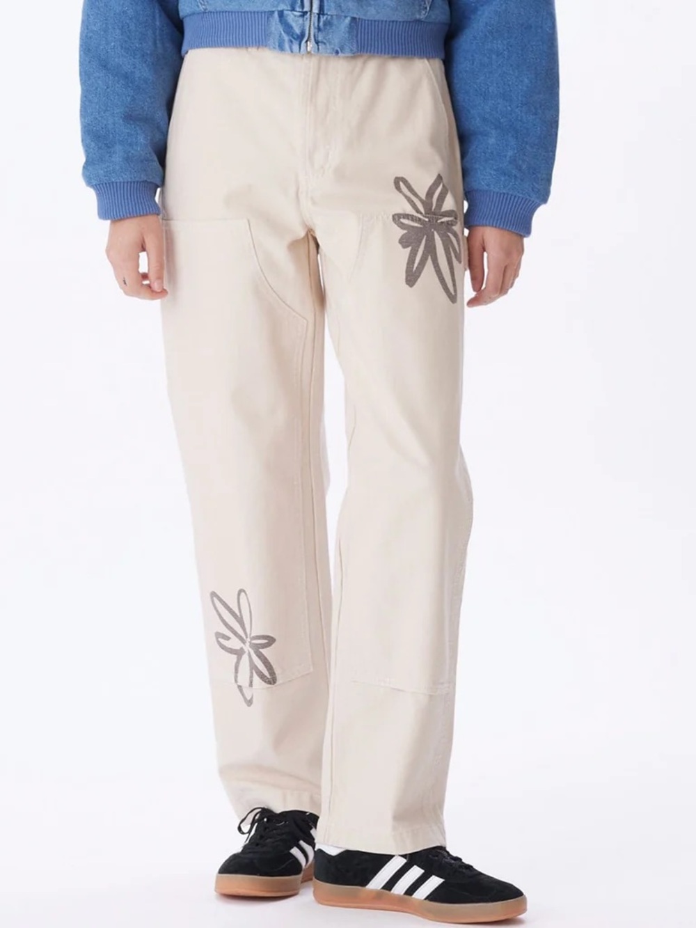 OBEY Big Timer Twill Printed Carpenter Pants Flower Floral Beige Cotton Size 30